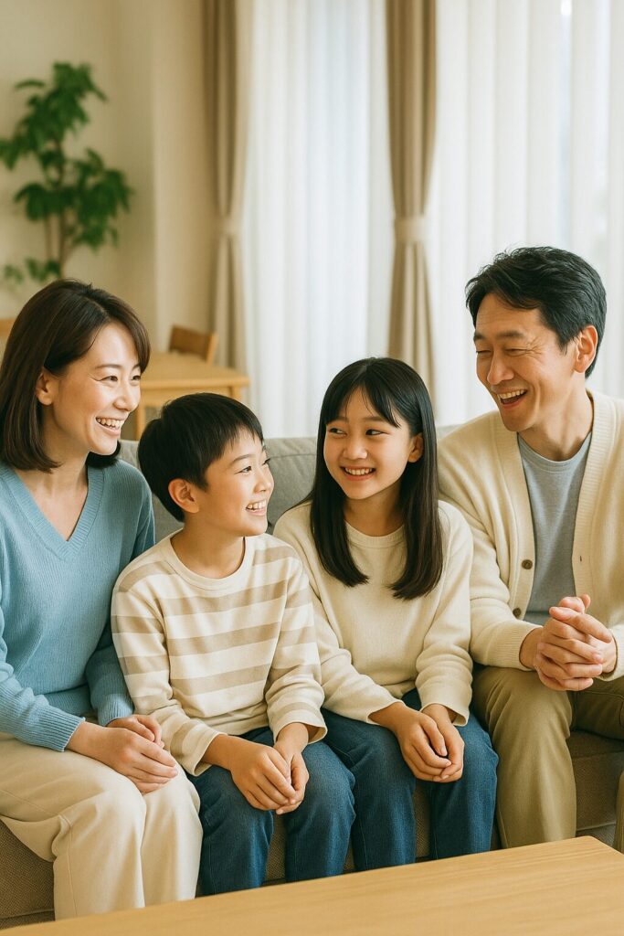 リビングで笑顔で団らんする家族4人の様子