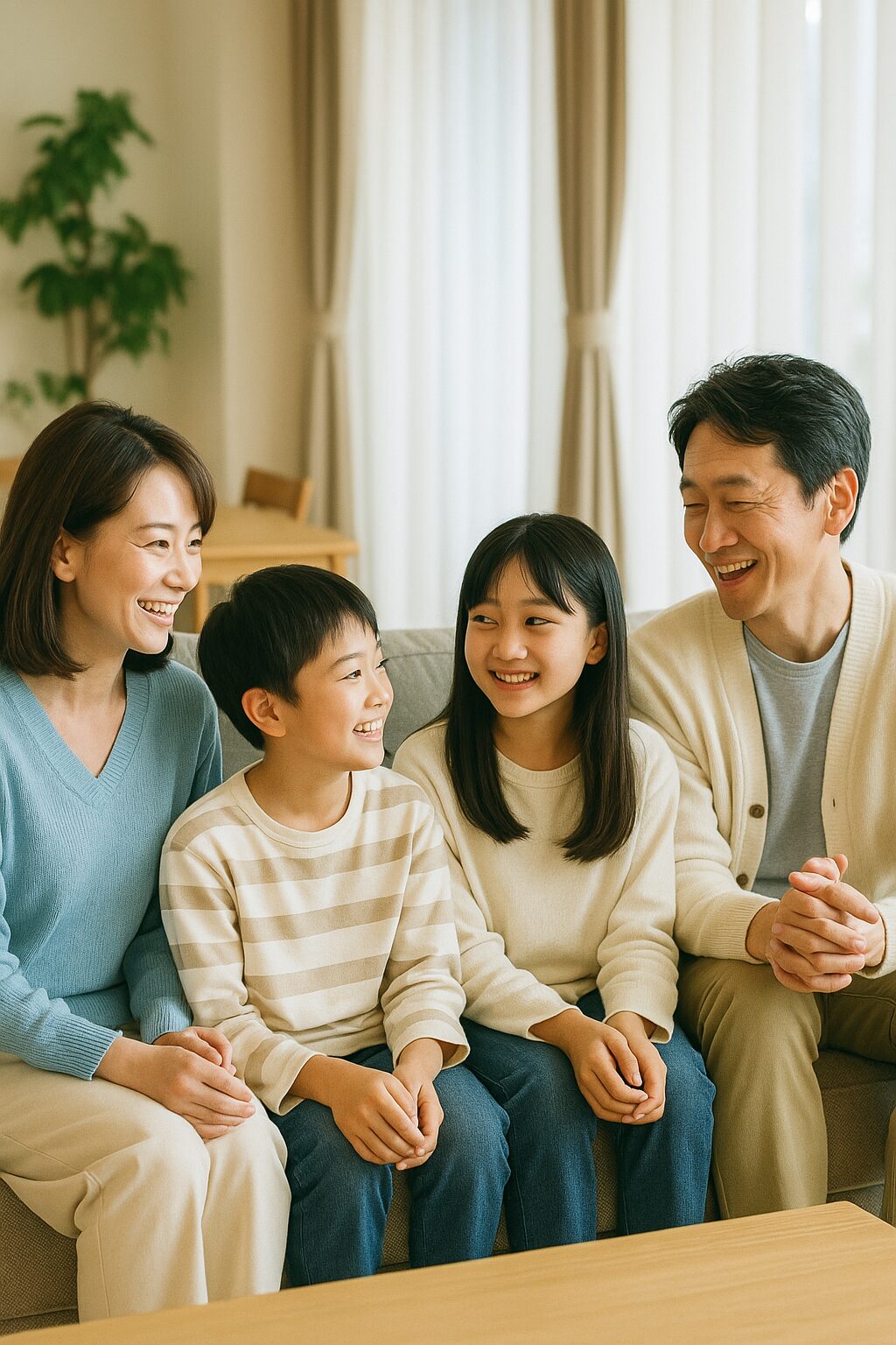 リビングで笑顔で団らんする家族4人の様子