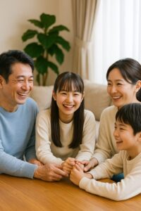 笑顔で向き合う東アジア系家族の団らんの様子