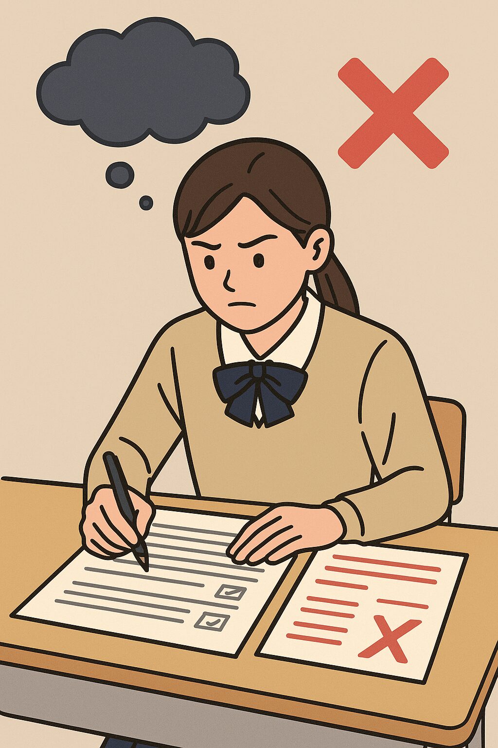 反省と決意を胸にテストに取り組む女子高校生のイラスト