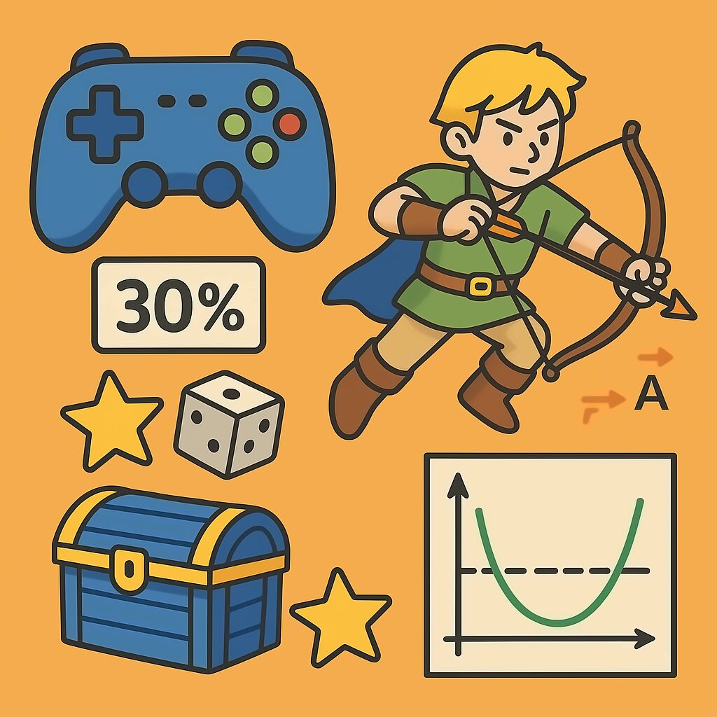 オレンジ色の背景に弓を持ったキャラクターとゲーム・数学・確率の要素が描かれたイラスト