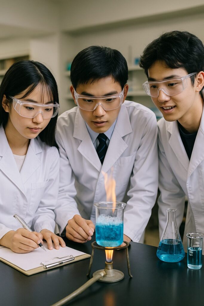 桑名高校の理数科をイメージした、化学実験に取り組む高校生たちの様子