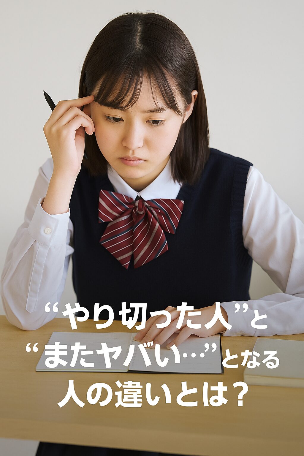 テスト後にノートを見ながら反省と目標を考える女子高校生