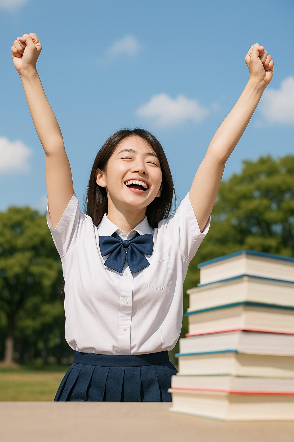 テスト明けに開放感を味わう女子高校生と積まれた教科書