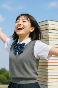 解放感にあふれる女子高校生と背後に積まれた教科書