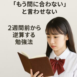 スケジュール帳を真剣に見つめる女子高校生と、2週間前から逆算する勉強法のメッセージ