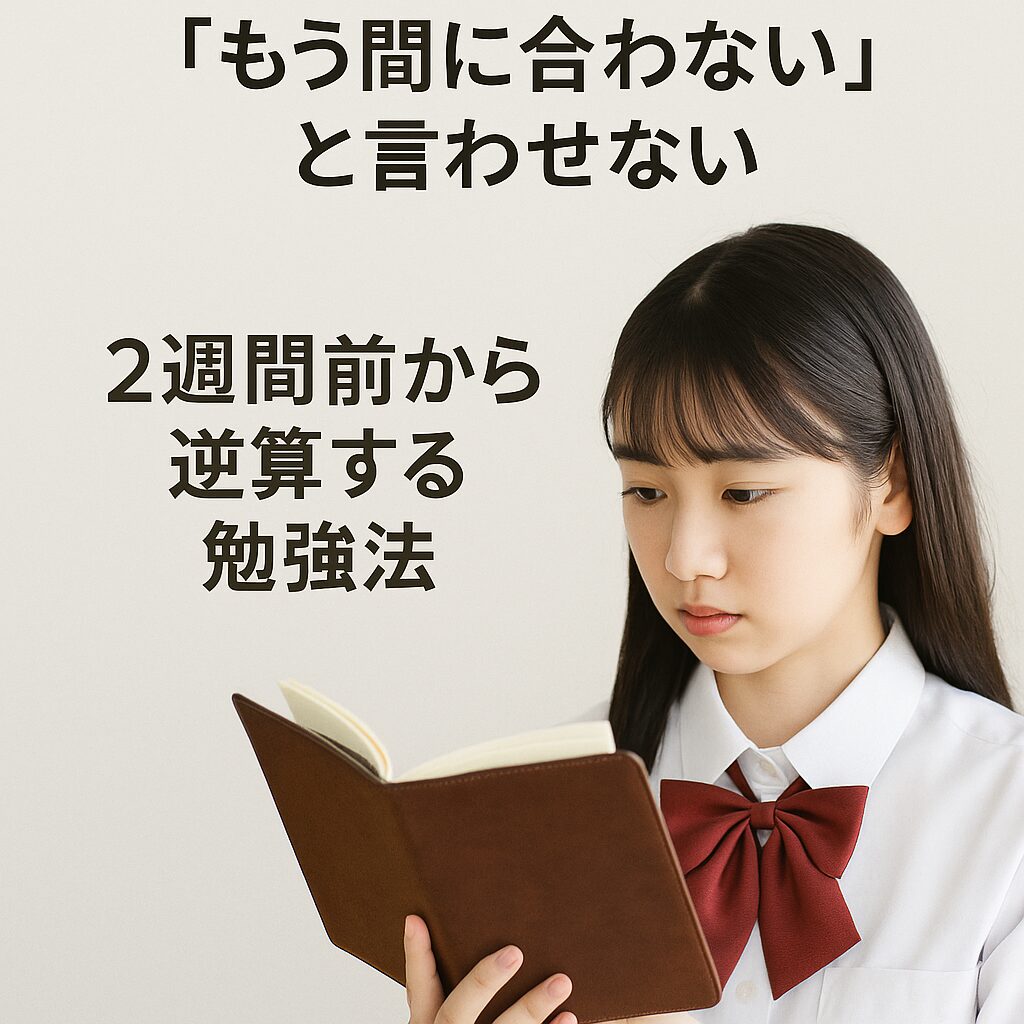 スケジュール帳を真剣に見つめる女子高校生と、2週間前から逆算する勉強法のメッセージ