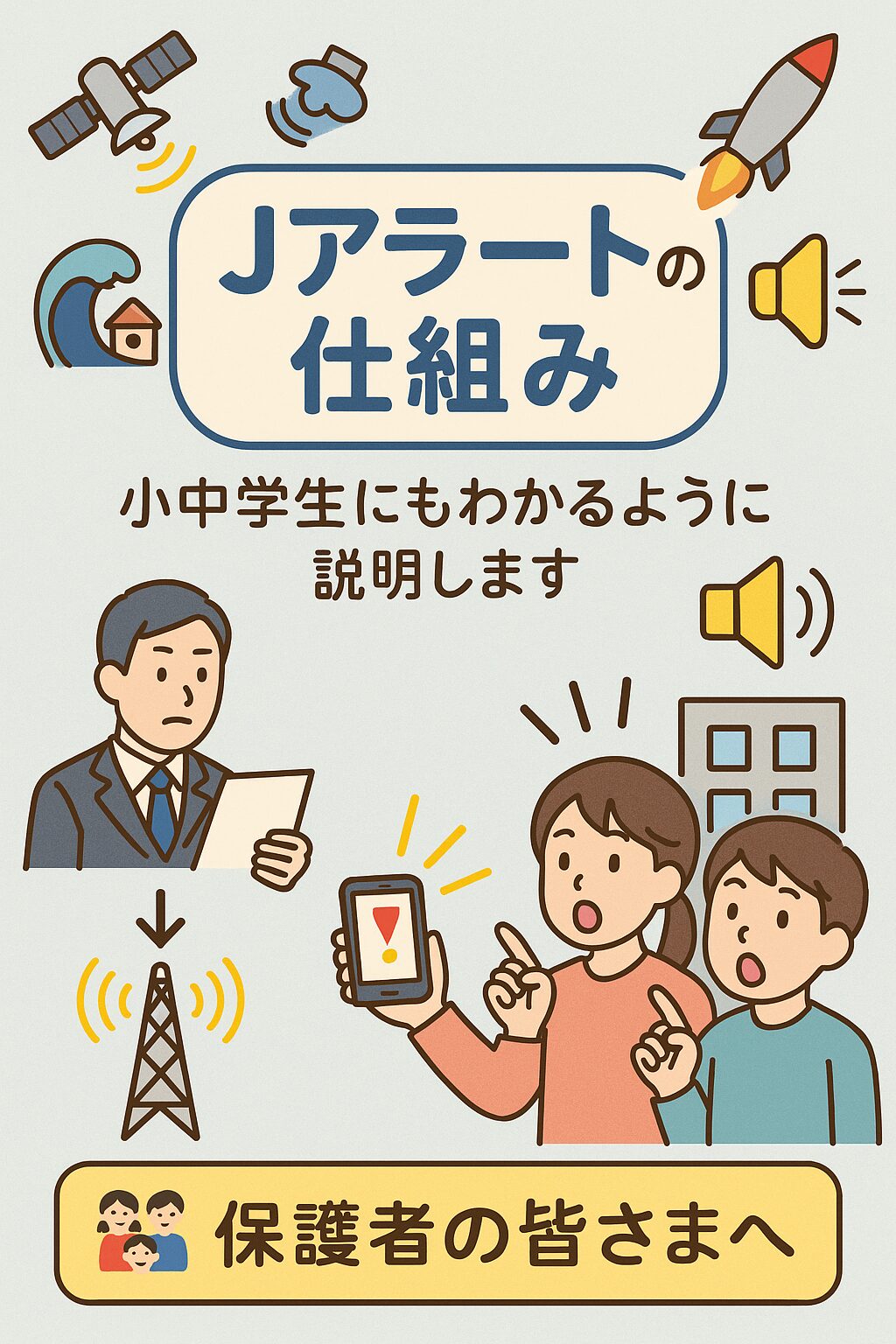 Jアラートの仕組みを子どもにもわかりやすく説明するイラストポスター。スマホの警報を見て驚く親子と、情報を発信する政府関係者のイラスト。
