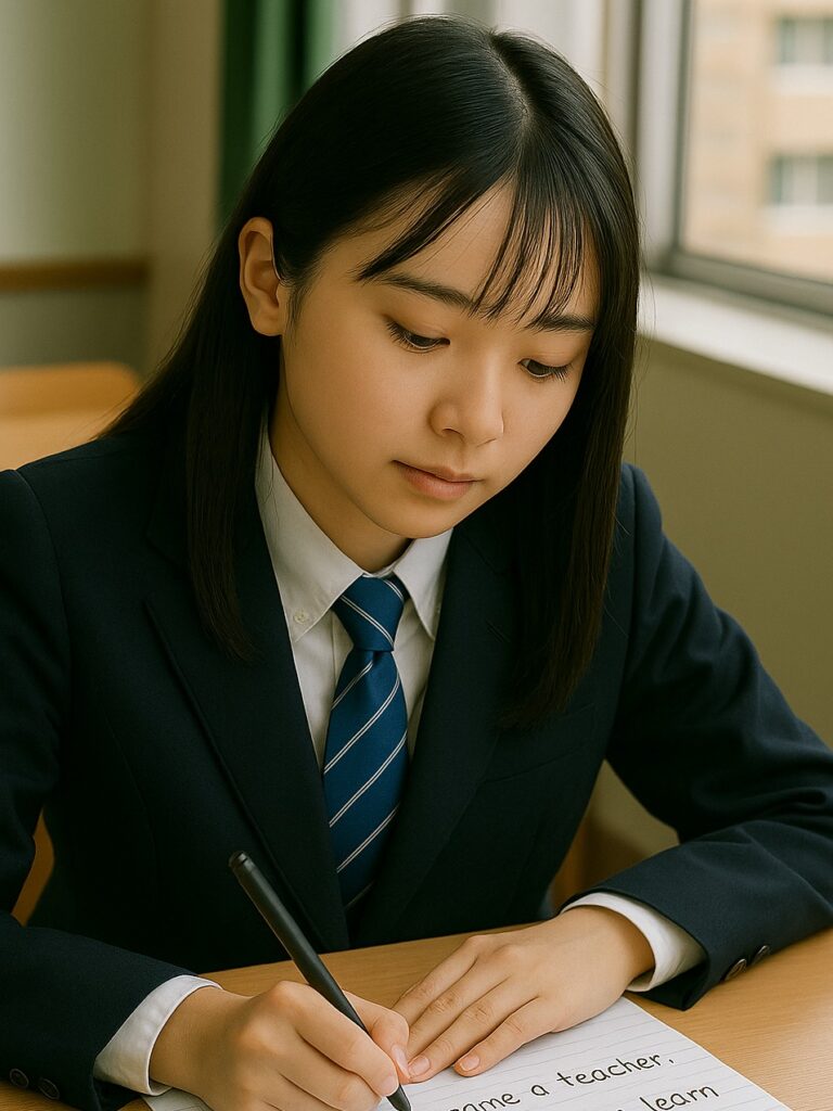 A Japanese high school girl writing an English essay about her dreams at her classroom desk.