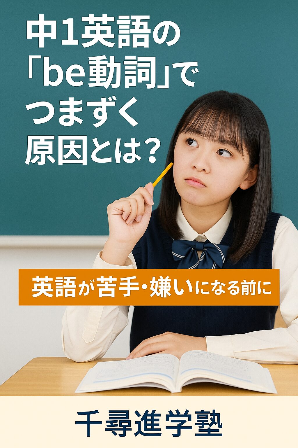 中1英語の基礎であるbe動詞のつまずきをテーマにした学習塾の広告画像