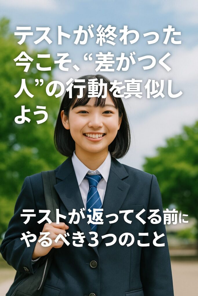 青のストライプネクタイを着用した川越高校の女子生徒が、テスト直後に振り返りを行いながら次の行動を考える様子を描いたポスター風画像。