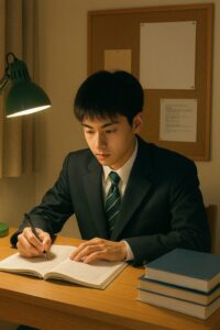 テスト前日に机に向かって集中して勉強する桑名高校の男子生徒。グリーンのストライプネクタイと落ち着いた表情が印象的。