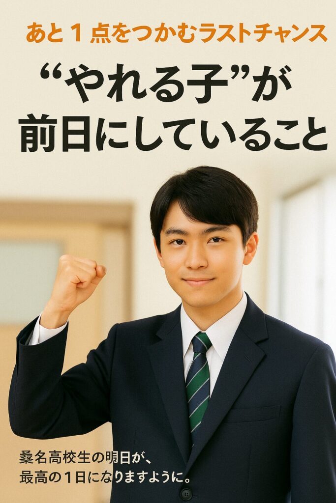 A confident Japanese student in a navy blazer and green-striped tie raises his fist with motivational Japanese text about what successful students do the day before exams.
