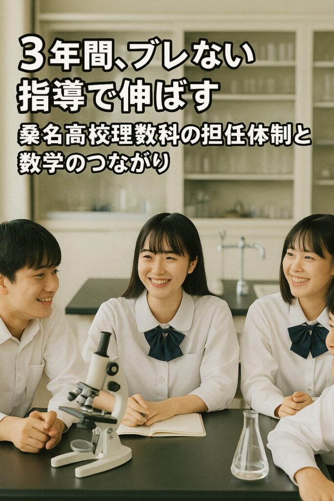 桑名高校理数科の生徒たちが理科室で談笑している様子。白衣と制服を着用。