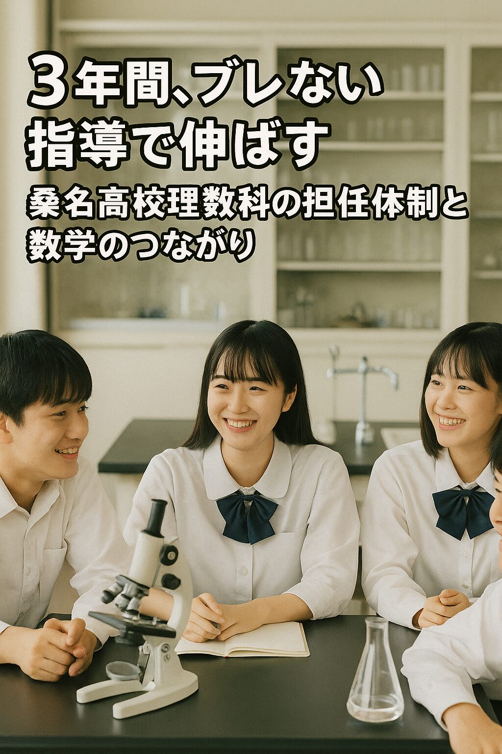 桑名高校理数科の生徒たちが理科室で談笑している様子。白衣と制服を着用。