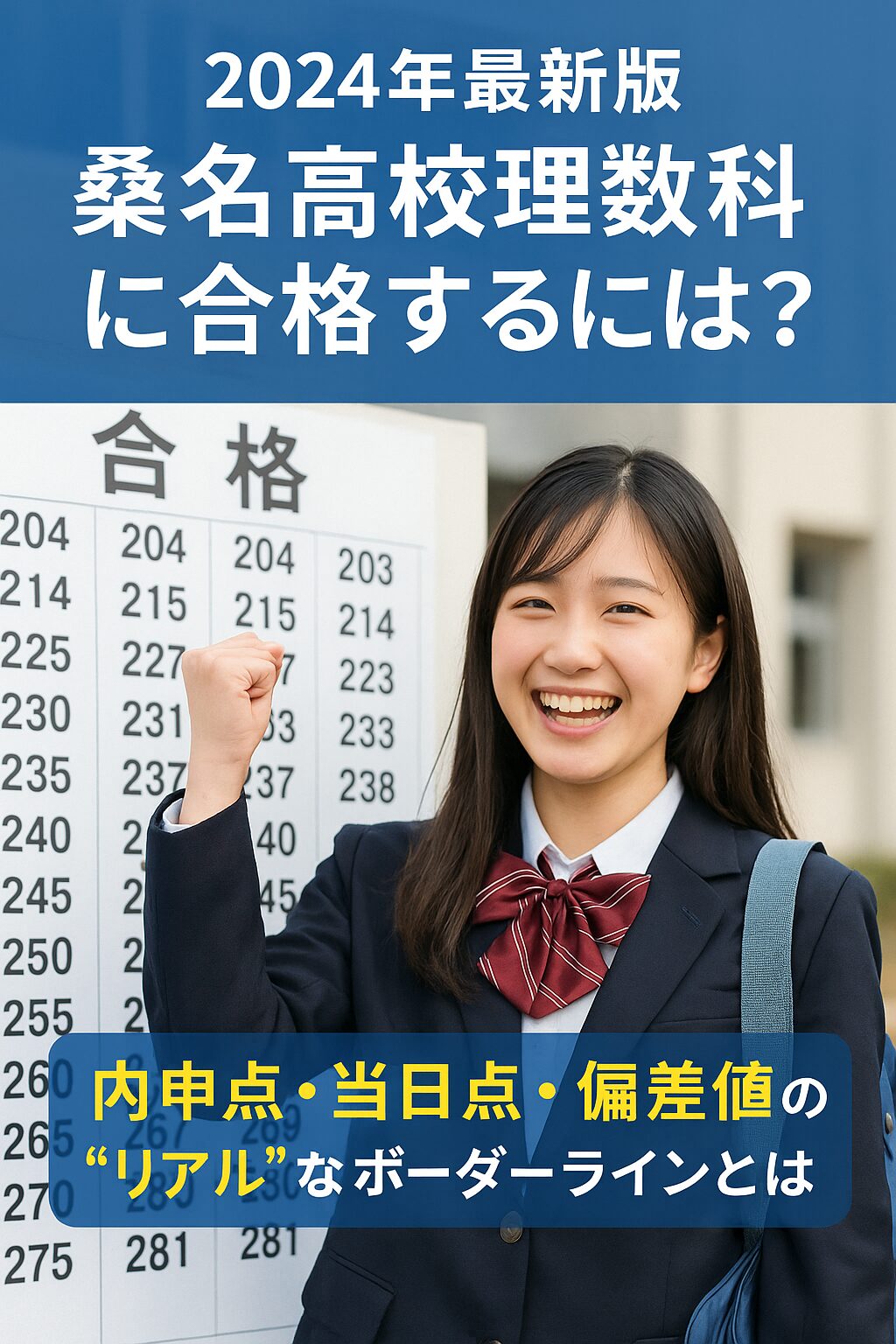 桑名高校理数科の合格発表を背景に笑顔でガッツポーズをする女子生徒