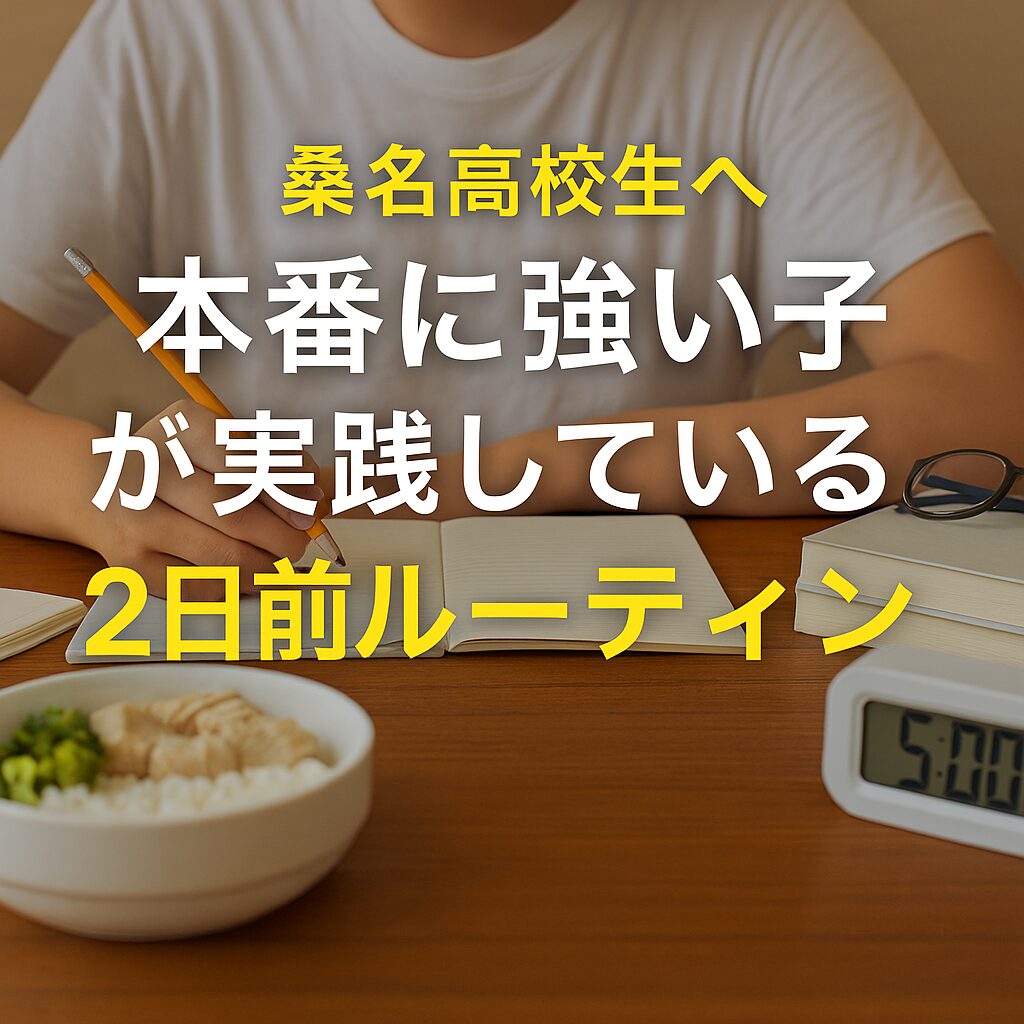 ノートの前に座る高校生と、机の上に置かれたご飯と時計。「桑名高校生へ　本番に強い子が実践している2日前ルーティン」の文字がある画像