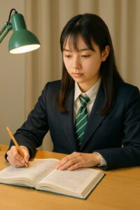 テスト前日に机に向かって静かに勉強する桑名高校の女子生徒。緑のストライプネクタイが制服に映え、真剣なまなざしで教科書を読み進めている。