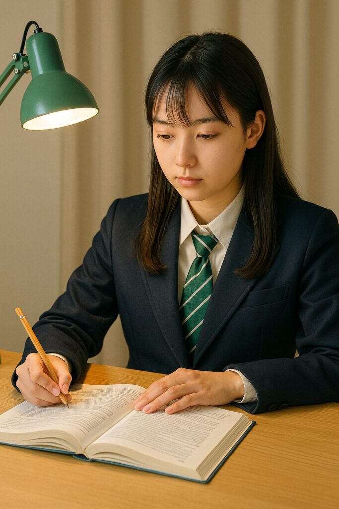 テスト前日に机に向かって静かに勉強する桑名高校の女子生徒。緑のストライプネクタイが制服に映え、真剣なまなざしで教科書を読み進めている。