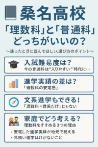 桑名高校の理数科と普通科の違いを比較したインフォグラフィック。入試難易度、進学実績、文系進学の可否、家庭での判断材料をわかりやすく提示している。