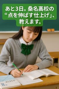 緑のネクタイを着用した桑名高校の女子生徒が、試験直前の週末に真剣な表情で机に向かって勉強している写真。