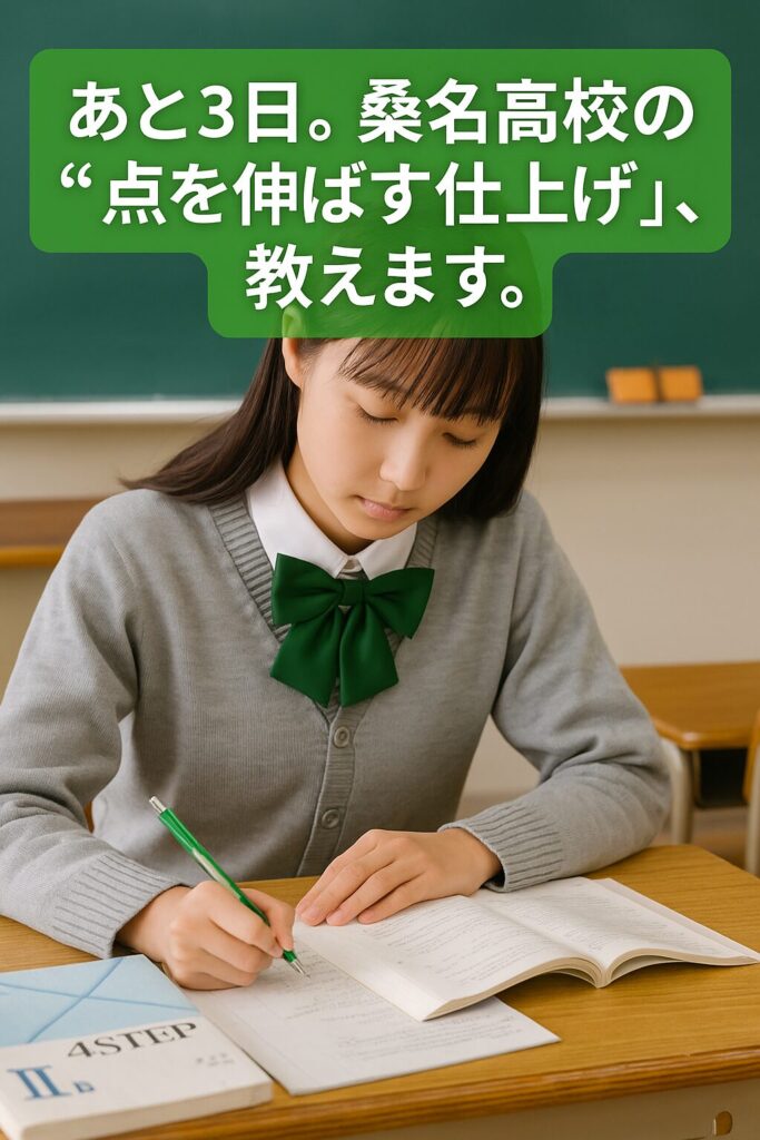 緑のネクタイを着用した桑名高校の女子生徒が、試験直前の週末に真剣な表情で机に向かって勉強している写真。