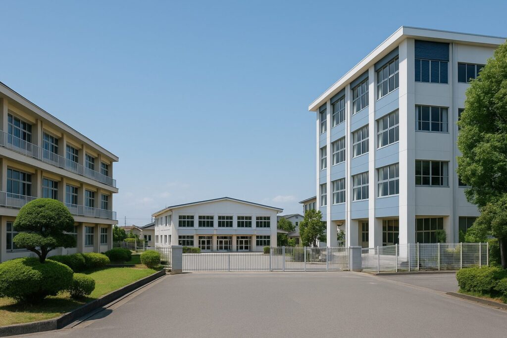 桑名市の学校再編により誕生予定のマンモス校エリア（光陵中・大山田北小・大山田西小・星見ヶ丘小）を象徴する校舎群の昼間の風景