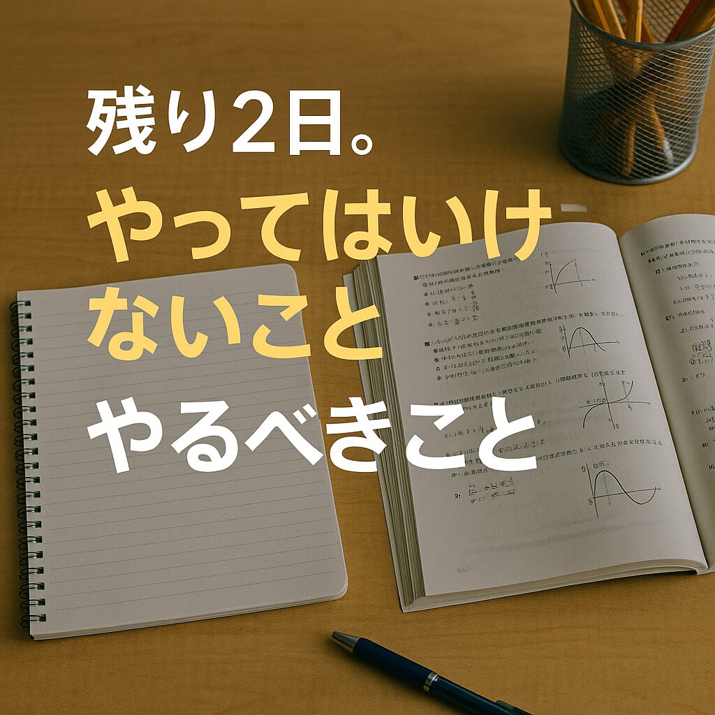 ノートと数学の問題集が開かれた机の上に「残り2日。やってはいけないこと やるべきこと」と書かれた画像