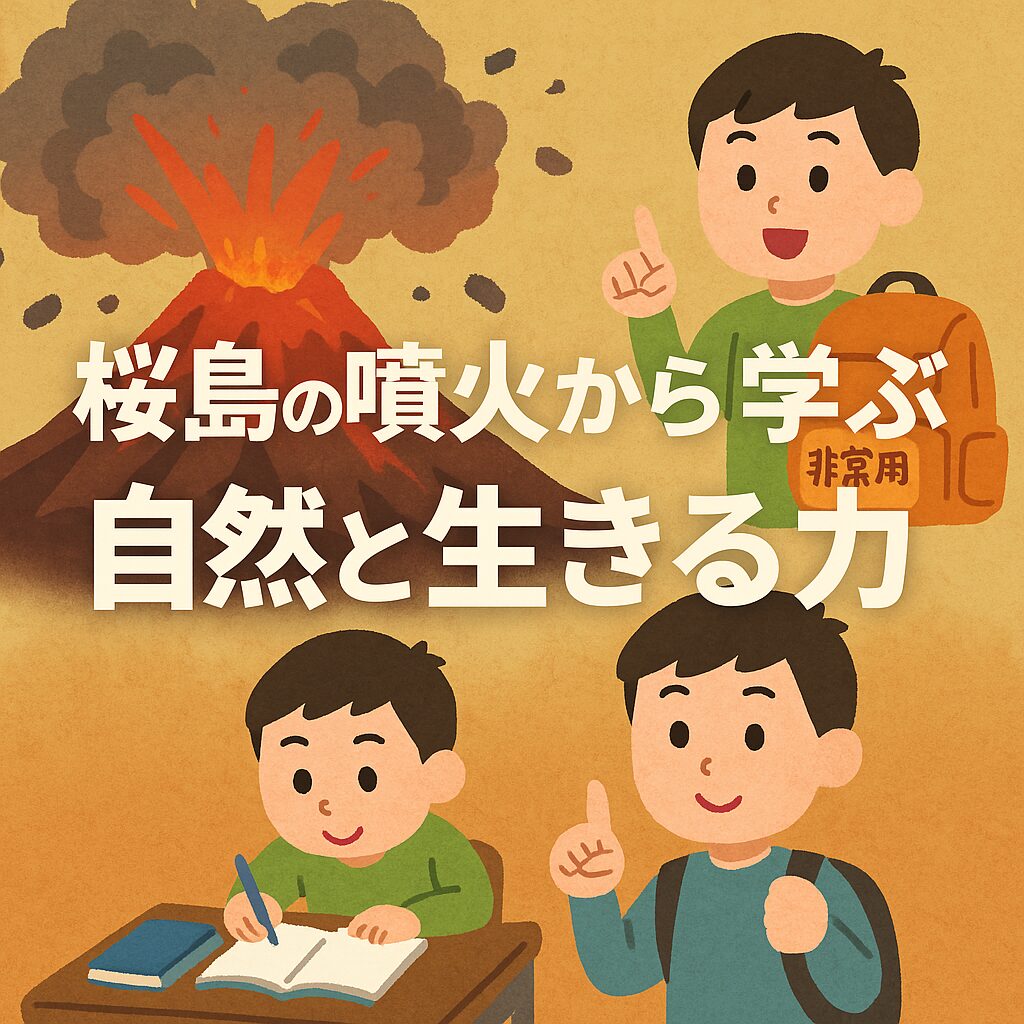 桜島の噴火を背景に、防災意識を高める中学生の姿と「自然と生きる力を学ぶ」という日本語のメッセージが描かれた教育用イラスト。