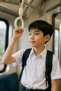電車で通学する男子児童が手すりにつかまっている様子