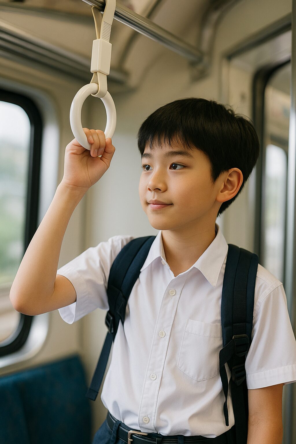 電車で通学する男子児童が手すりにつかまっている様子