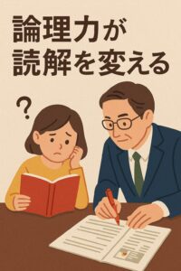 赤い本を読む女子生徒と、論理的な解説をする男性講師のイラスト。読書だけでは育たない論理力を伝える教育シーン。