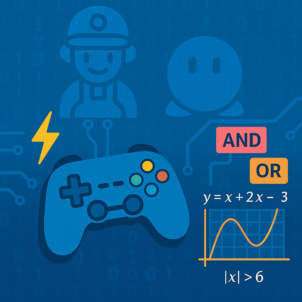 A digital illustration featuring a video game controller, logical operations, mathematical graph, and two translucent geometric characters on a binary background.