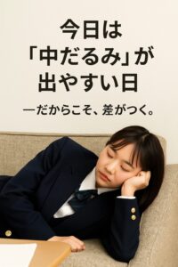 A Japanese high school girl in a navy blazer and green ribbon tie naps on a beige sofa beside a wooden desk, reflecting test-week fatigue and focus on perseverance.