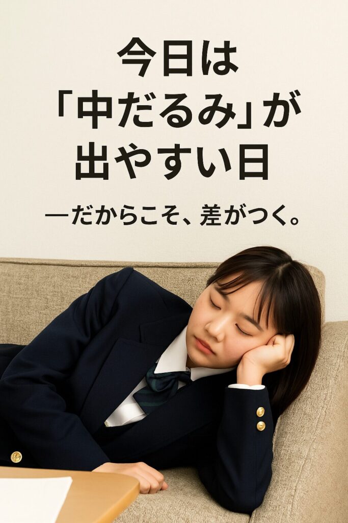A Japanese high school girl in a navy blazer and green ribbon tie naps on a beige sofa beside a wooden desk, reflecting test-week fatigue and focus on perseverance.
