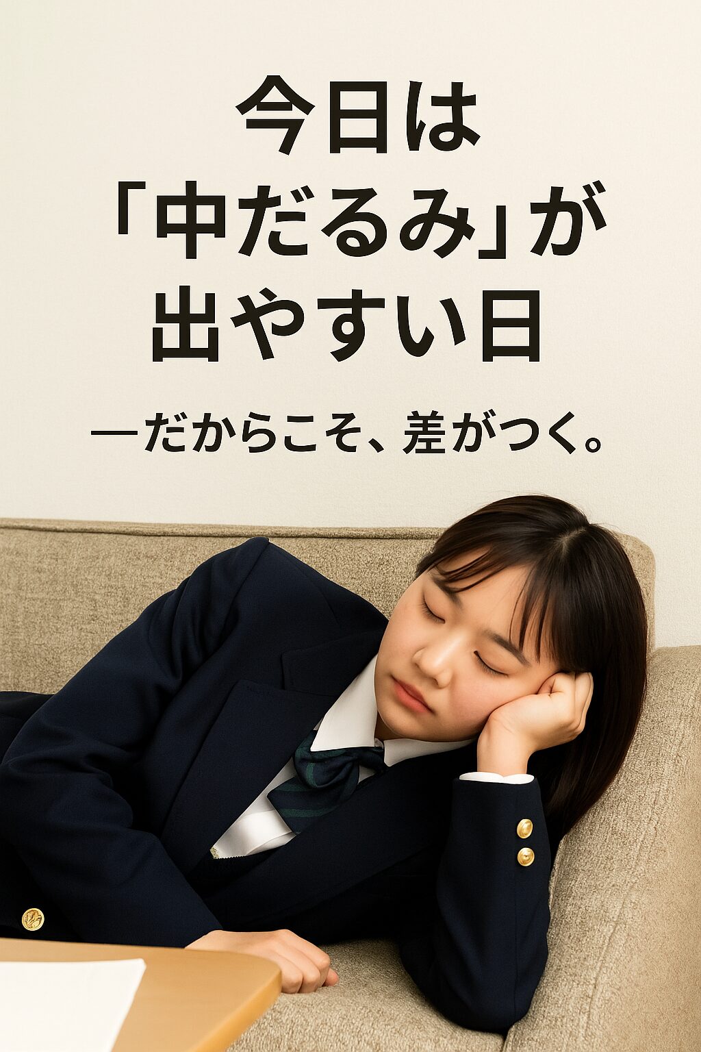 A Japanese high school girl in a navy blazer and green ribbon tie naps on a beige sofa beside a wooden desk, reflecting test-week fatigue and focus on perseverance.