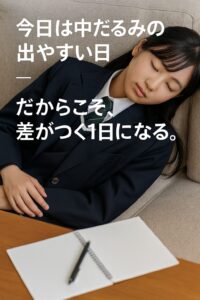 A Japanese high school girl in a navy blazer and green-striped tie naps on a beige sofa beside her notebook, symbolizing fatigue and motivation during midweek exams.
