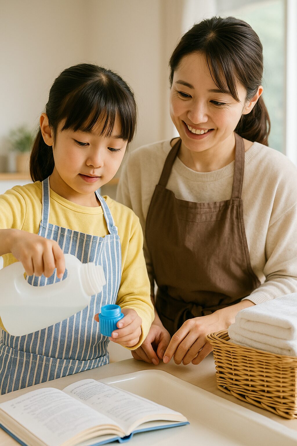 洗濯物をたたむ母親を手伝う小学生の男の子