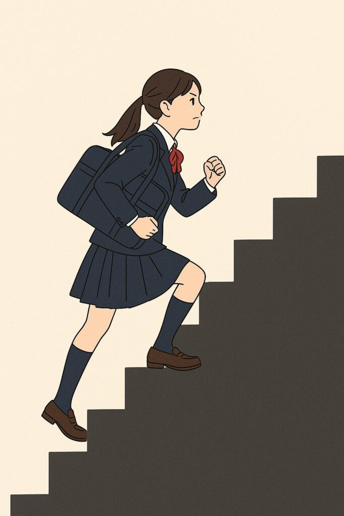 制服を着た女子中高生が急な階段を登っている様子。着実な努力と目標への挑戦を象徴している。