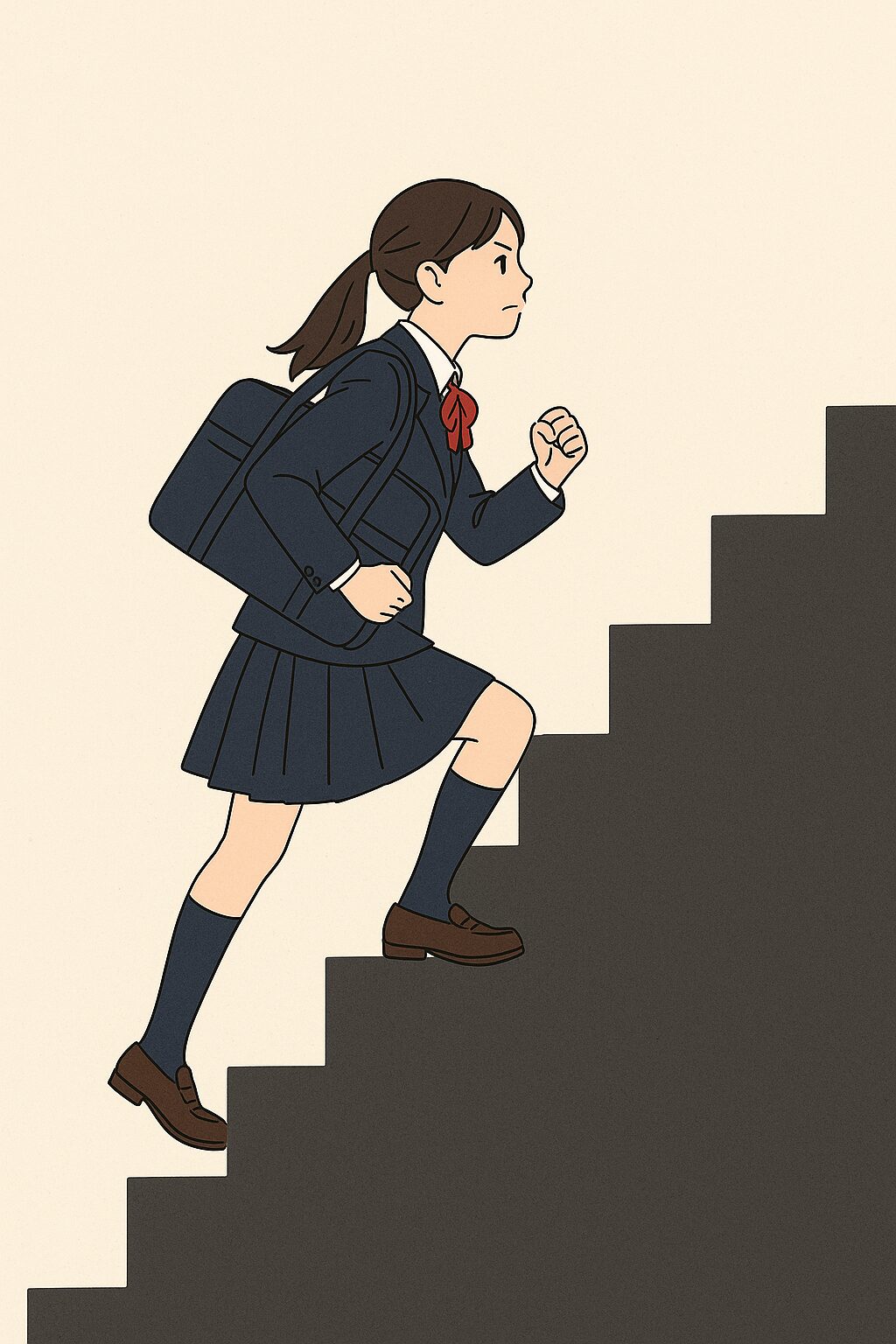 制服を着た女子中高生が急な階段を登っている様子。着実な努力と目標への挑戦を象徴している。