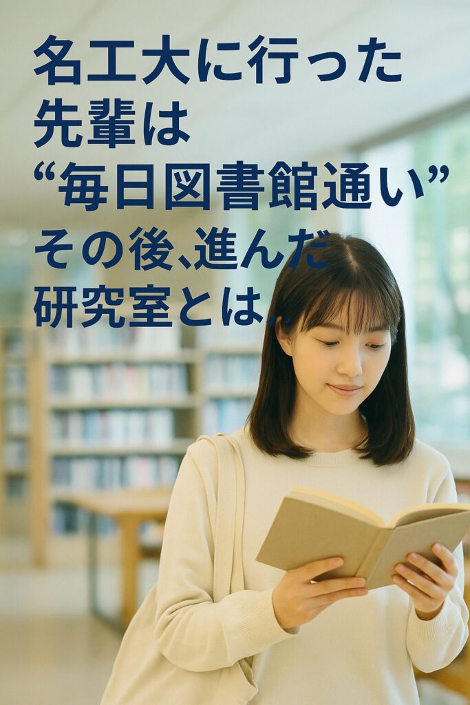 名古屋工業大学に進学した女子学生が図書館で本を読む様子を表現したポスター風画像。「毎日図書館通い」の文字入り。