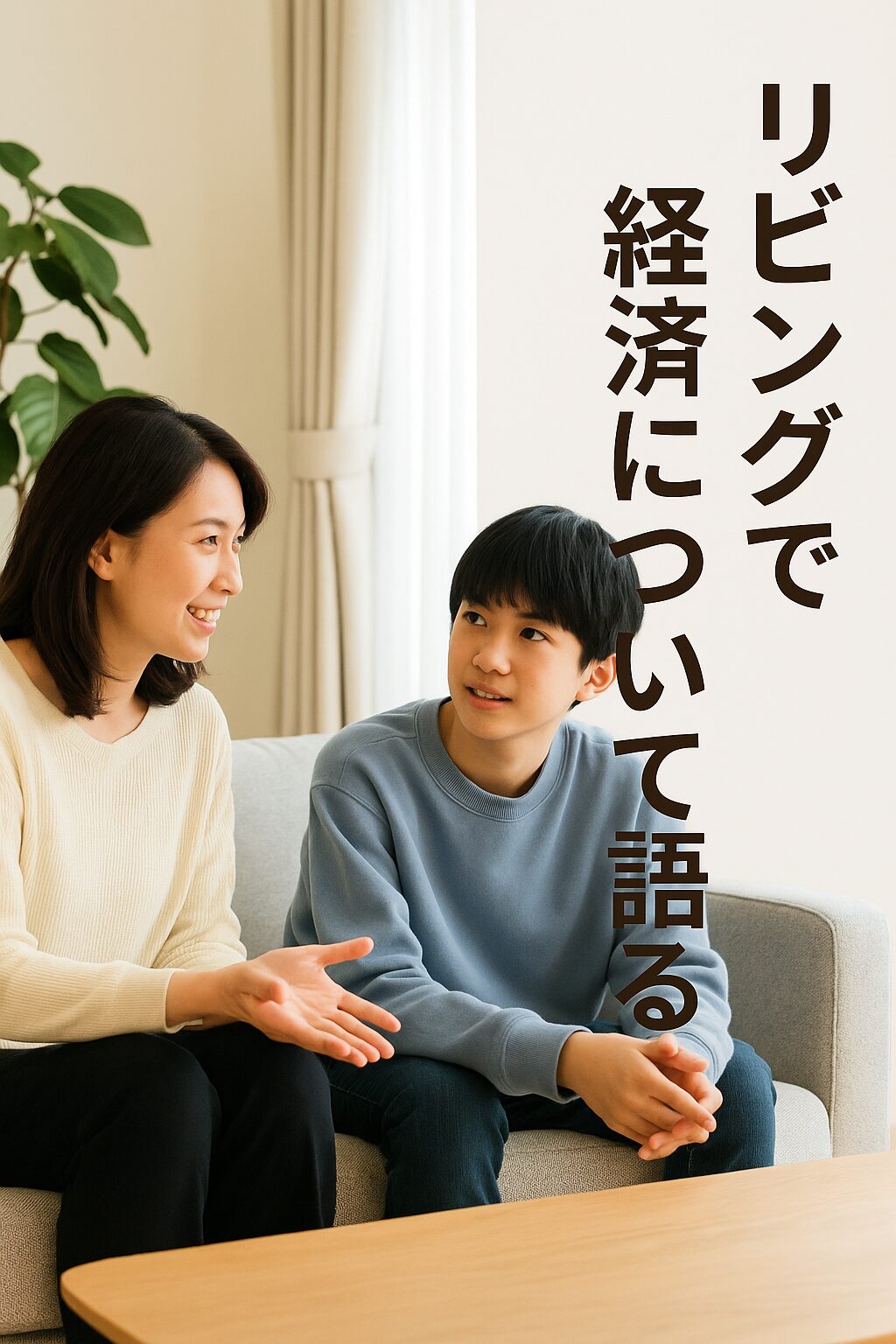 A Japanese parent and child discussing Toyota’s economic impact in a bright living room.