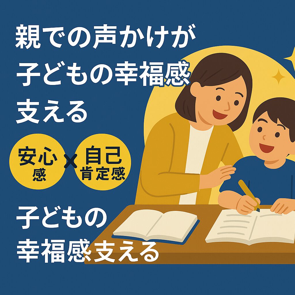 日本語のメッセージ「声かけが子どもを変える──安心感が育てる学ぶ力」が中央に表示された教育的なイラスト。塾講師と子どもが穏やかな雰囲気で関わる様子を描いており、塾が安心できる学びの場であることを伝えている。