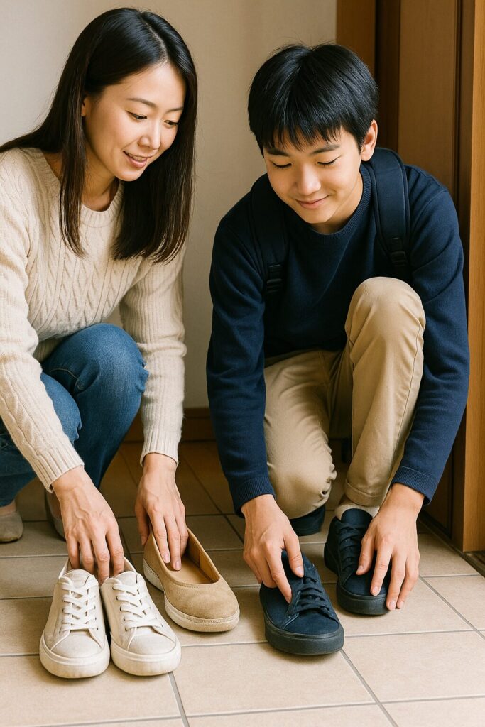 玄関で靴を丁寧に揃える親子の様子