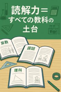 算数・国語・理科の3教科の教科書が机に並び、読解力がすべての教科に共通する土台であることを示す教育用イラスト。