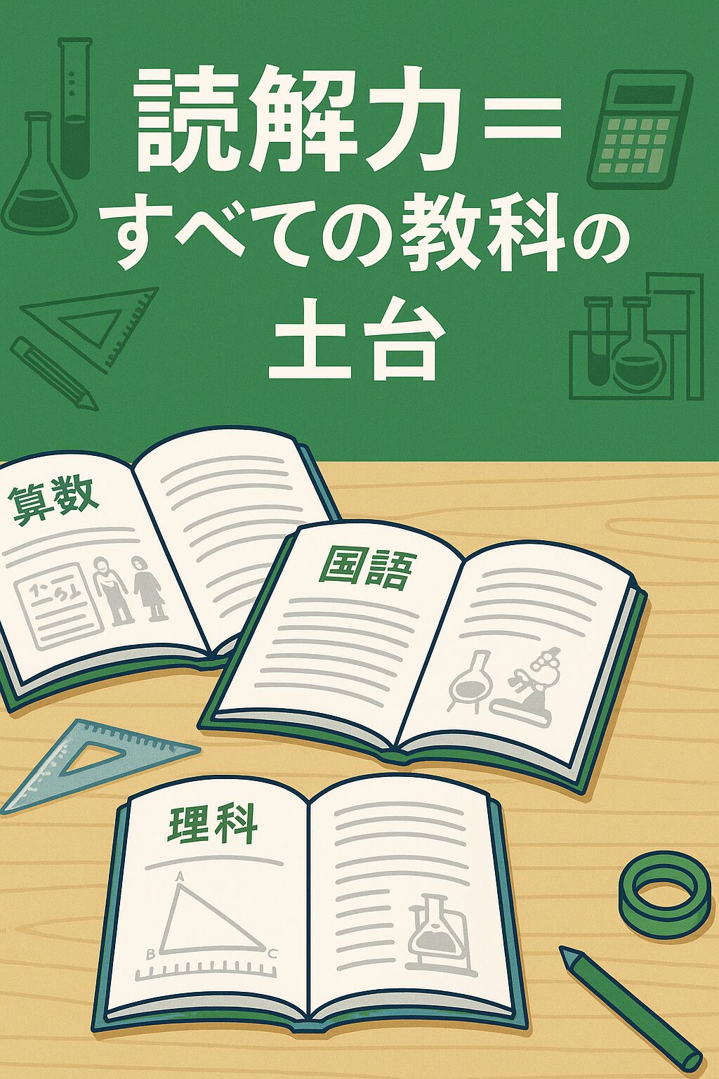 算数・国語・理科の3教科の教科書が机に並び、読解力がすべての教科に共通する土台であることを示す教育用イラスト。