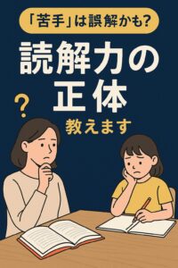 読解力の正体を知りたい母親と、国語の勉強に悩む娘のイラスト。勘違いによる苦手意識をテーマにした教育ポスター。