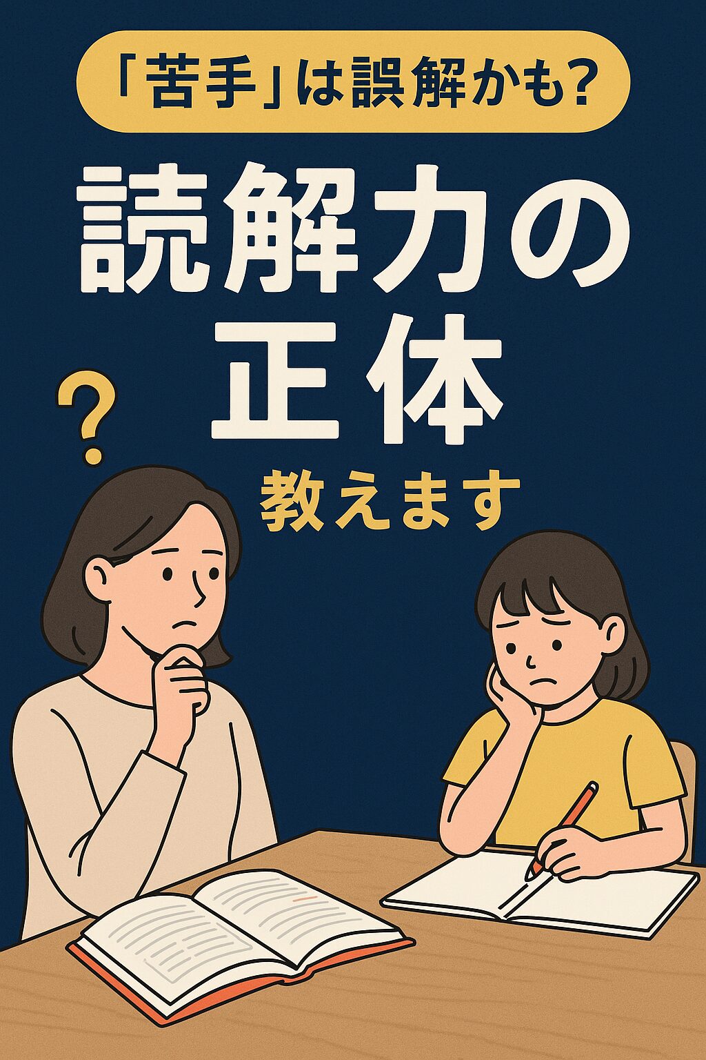 読解力の正体を知りたい母親と、国語の勉強に悩む娘のイラスト。勘違いによる苦手意識をテーマにした教育ポスター。