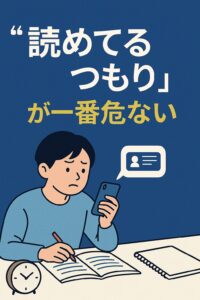 スマホを片手に勉強しながら、読解に集中できず困惑する男子中学生。SNS世代の読み飛ばし傾向を表したイラスト。