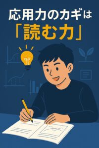 応用問題に取り組む男子学生が、読み取った情報からひらめきを得て解答を進めているイラスト。読解力が応用力の鍵であることを表現。